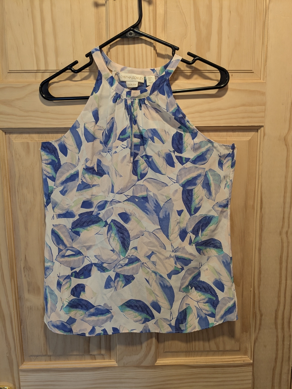 Cynthia Rowley 100% Silk Floral Halter Blouse Blue Green Keyhole Top Small